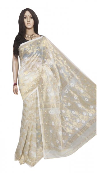 White full body weaving work jamdani silk saree